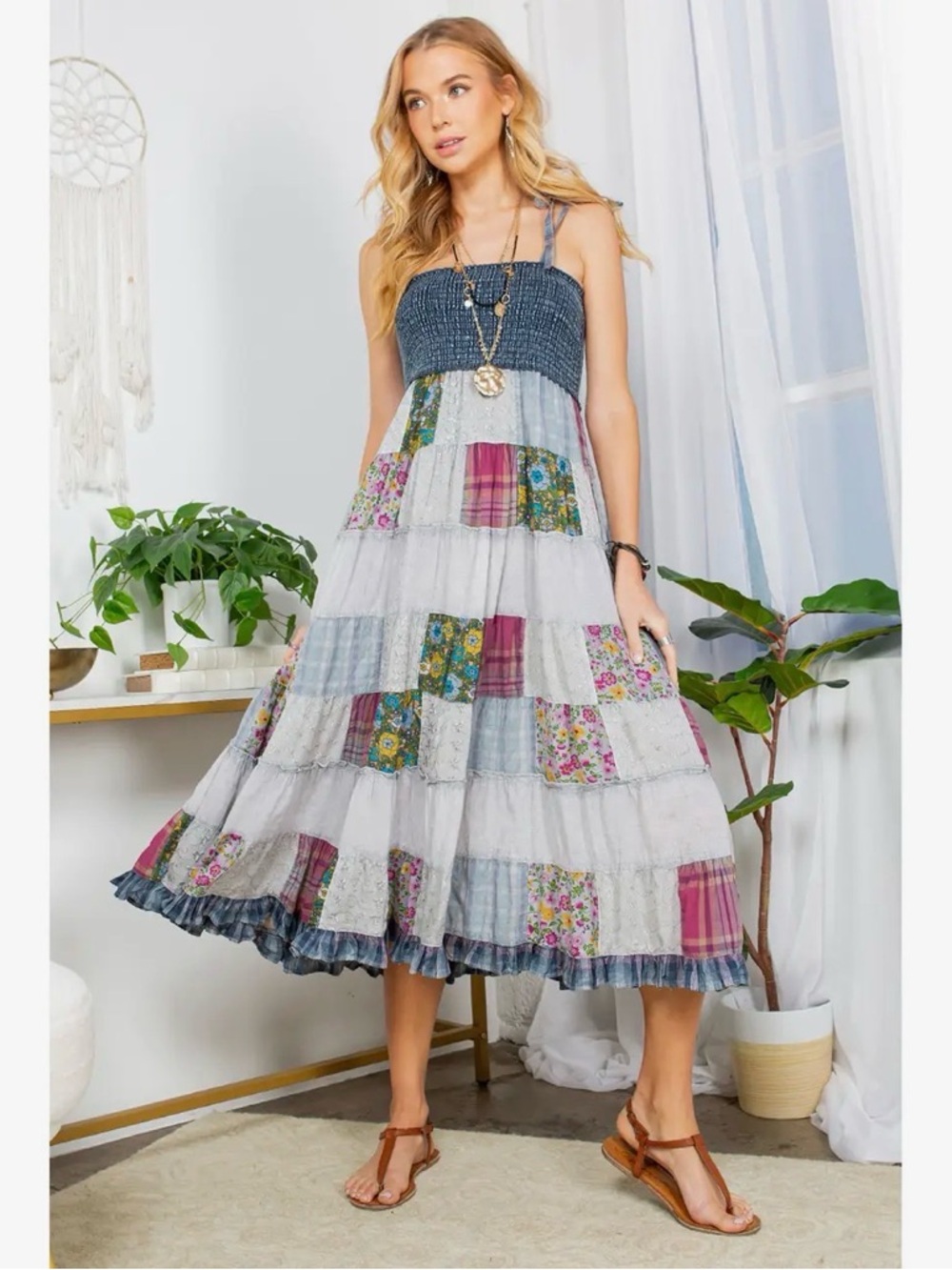 NWT Young Threads Patchwork Boho Smocked Midi Dress Blue Floral Cottagecore Fes - Picture 13 of 16